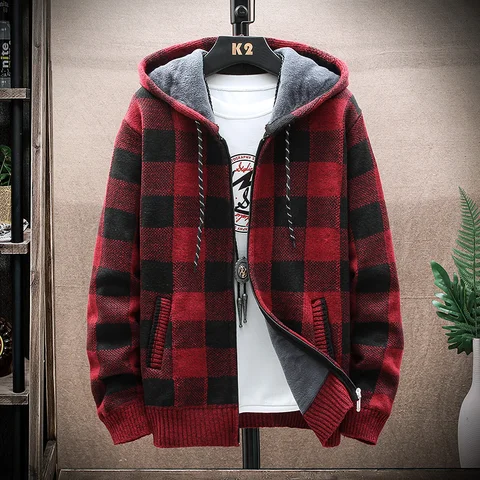 Осень 2022, Корейский мужской свитер с капюшоном, толстый и бархатный мужской кардиган, вязаный свитер, куртка в клетку, мужская модель 8668