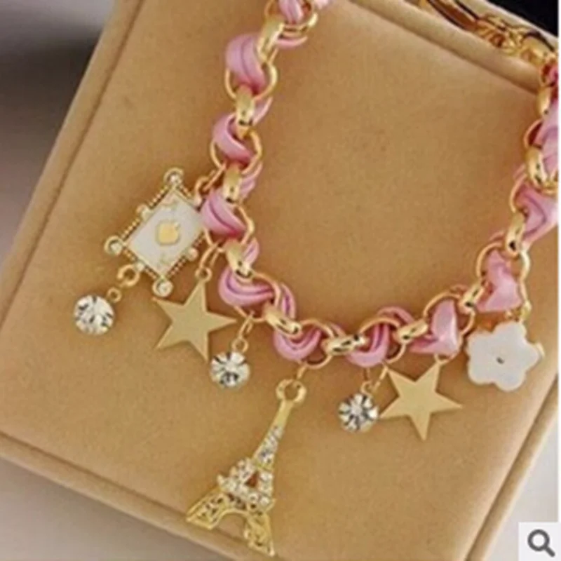 Fashion popular wild five-pointed star flower playing card A Paris Eiffel Tower crown leather rope woven bracelet anklet female | Украшения