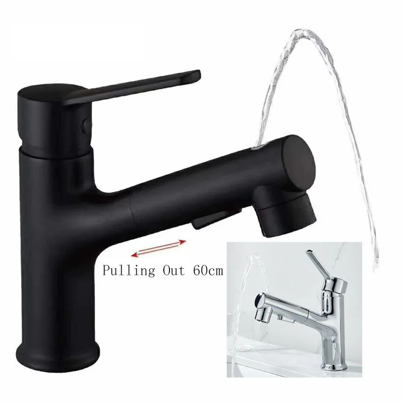 

Mouthwash Pulling Out Basin Faucet Brass Black Wash Face Bathroom Accessories Mixer Hot Cold Single Handle Hole Kitchen Sink Tap