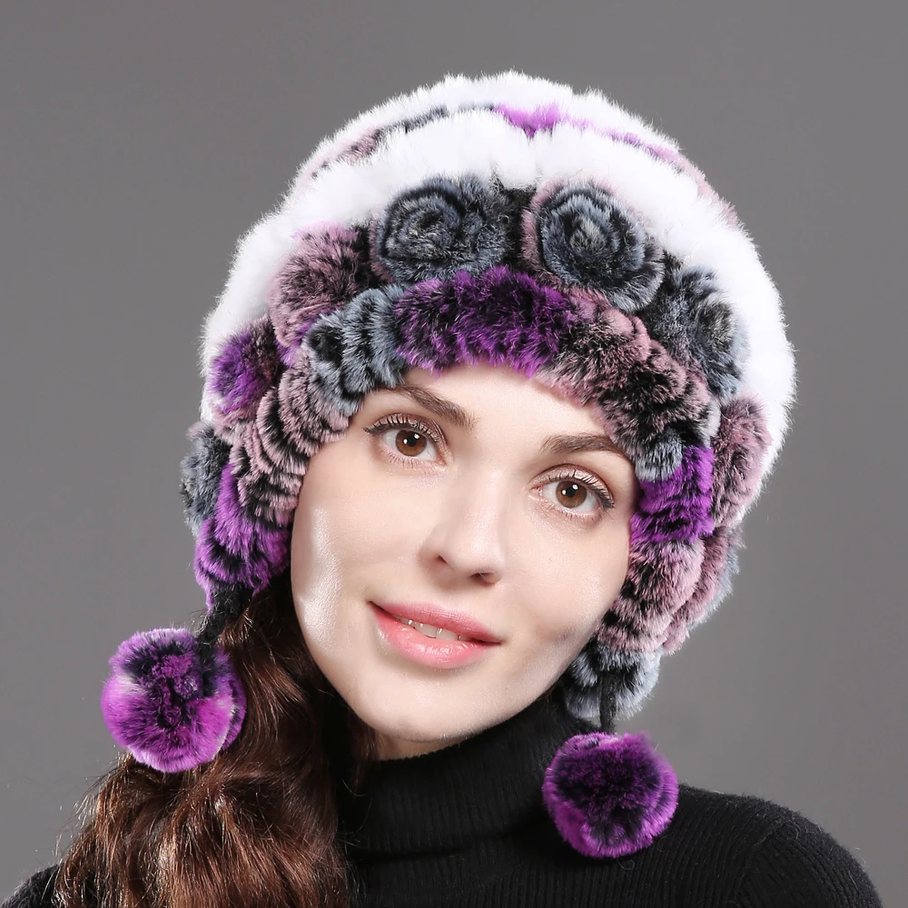 2020 Новый стиль Настоящий мех кролика вязаная шапка в полоску с цветочным принтом