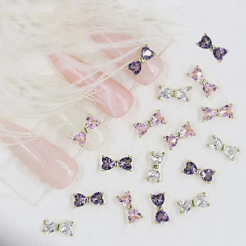 50PCS Double-Heart Mini Bow-knot Zircon Charms For Nails Decorations 3D Alloy Jewels Nail Art Heart Accessories 2022-Valentine's