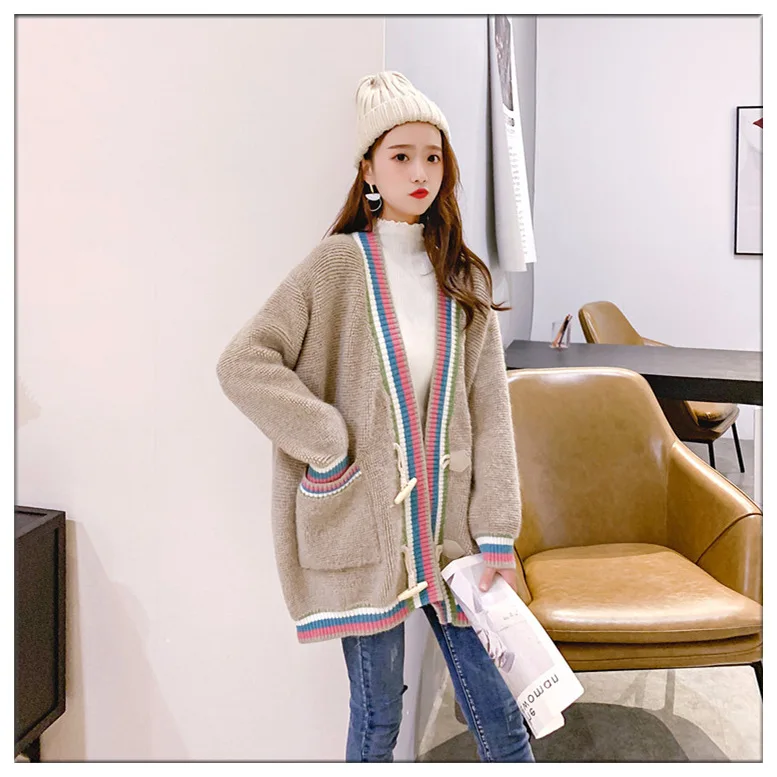 

2019 fashion's new women's colour contrast knitwear loose-fitting v-neck cardigan