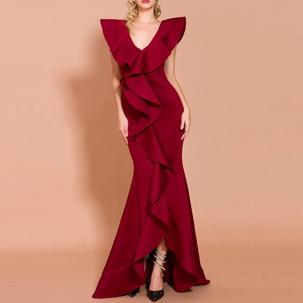 2019 элегантное винно-Красное Белое платье без рукавов с оборками длинные женские