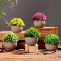Mini Artificial Plant Plastic Fake Green Grass Faux Greenery Topiary Shrubs with Grey Pots for Bathroom Home Office Decorations