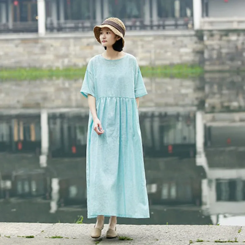 Женское хлопковое льняное платье Johnature однотонное свободное удобное с круглым