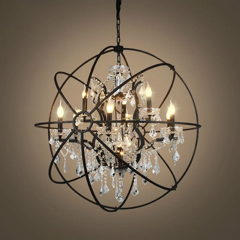 Ретро прозрачная Хрустальная люстра деревенский железный шар Подвесная лампа