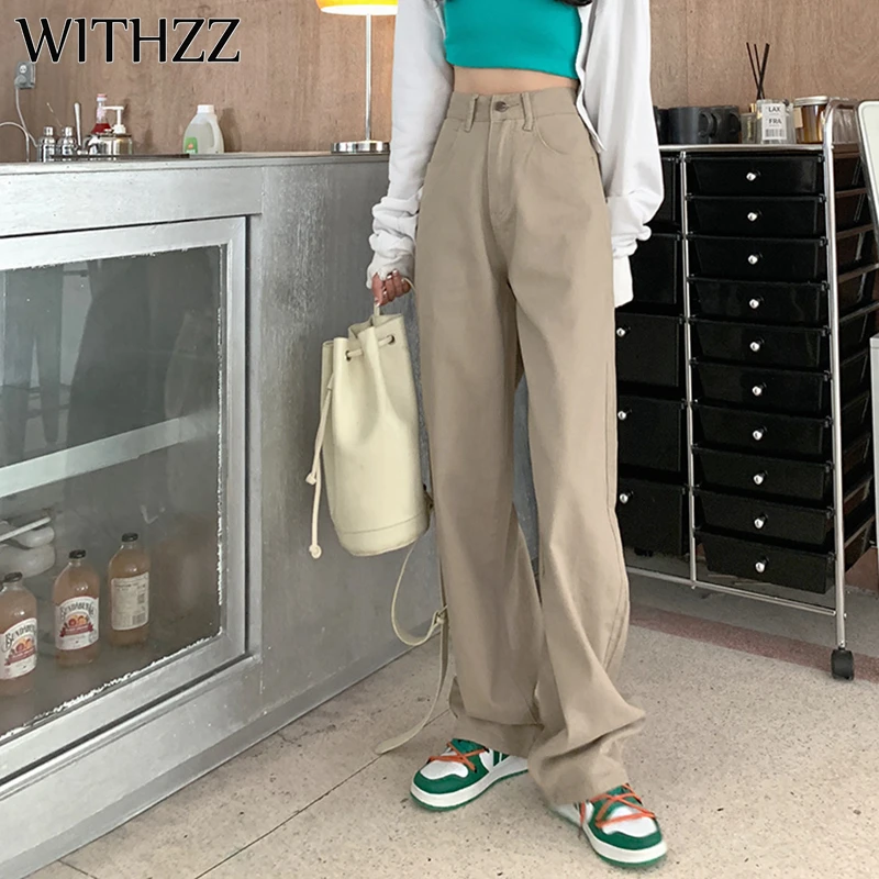 

WITHZZ Spring Autumn Women Straight Pants Khaki Denim Casual High Waist Female Jeans