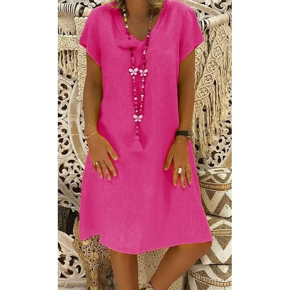 Hot Pink Casual Women V-Neck Cotton and Linen Dress 2019 New Summer Ladies T-shirt Plus Size Feminino Vestido A4 | Женская одежда