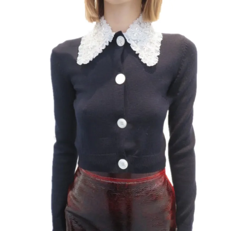 

Brand Designer Cropped Sweater 2021 Runway Cute Lace Beaded Collar Navy Blue Femme Knit Cardigan Crop top knitwear