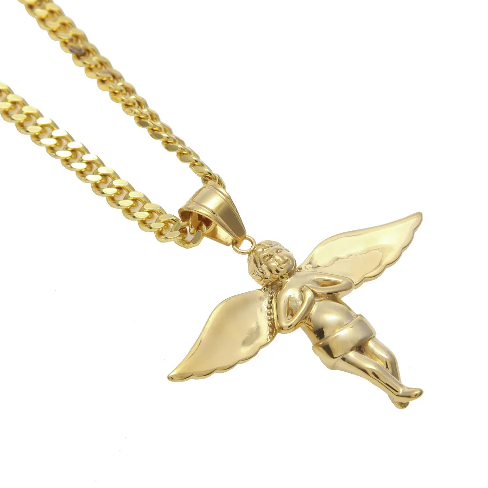 

Stainless Steel Gold color trendy Angel Wings pendant necklaces 70cm long link chain necklace fashion gifts Men jewelry
