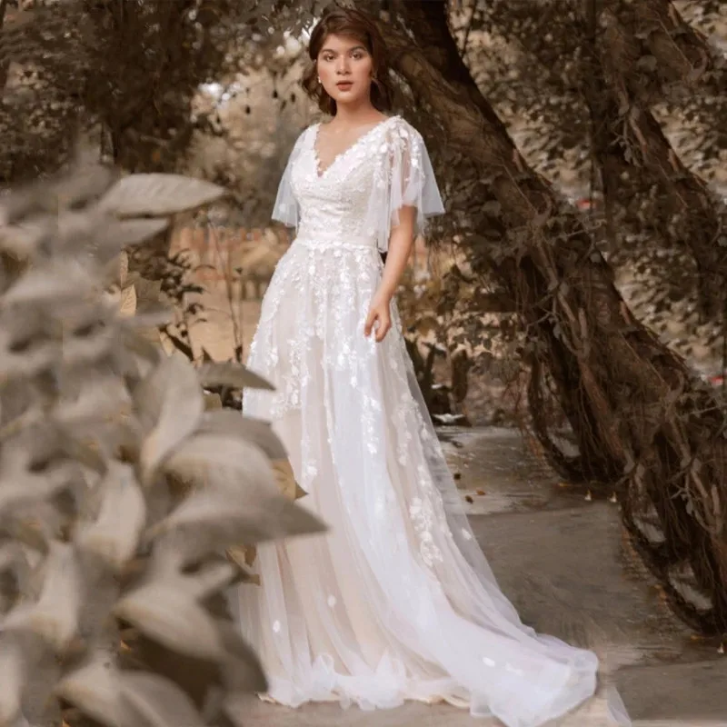V-Neck Lace Appliques Flutter Sleeve Sash Open Back 3D Floral A-Line Tulle Wedding Dress 2021 Robe Mariage