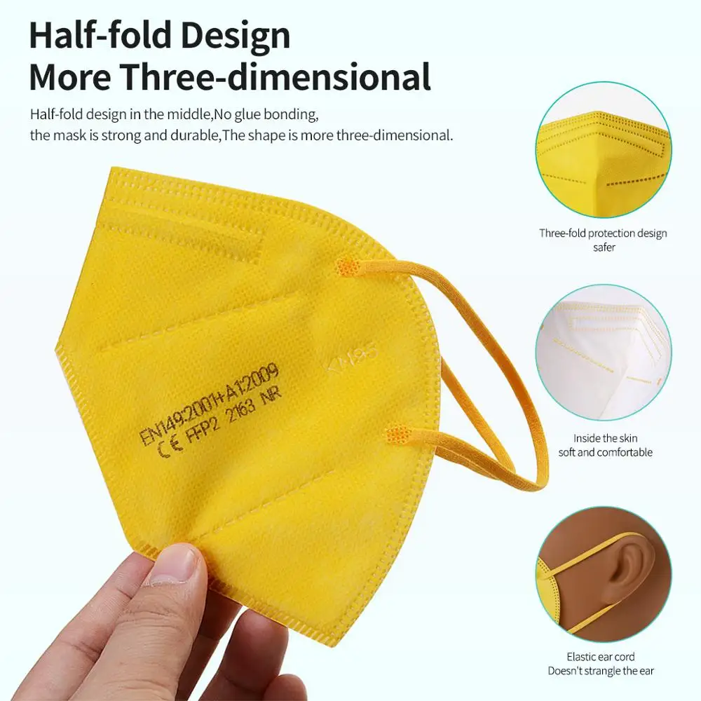 

100pcs Yellow FFP2 Mask KN95Mascarilla Dust Respirator FacialMaskFilter ReusableFace Maske Protective Mouth Masks Ventilation