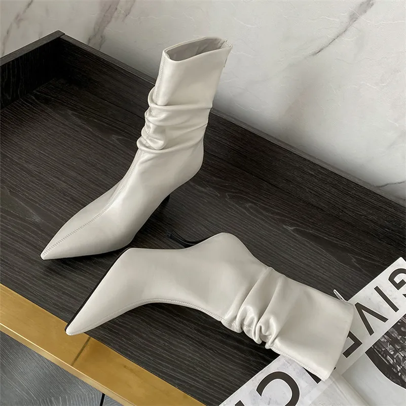 

Meotina Women Mid Calf Boots Shoes Pleated Zipper High Heel Lady Boots Pointed Toe Stiletto Heels Fashion Boots Female Beige 40