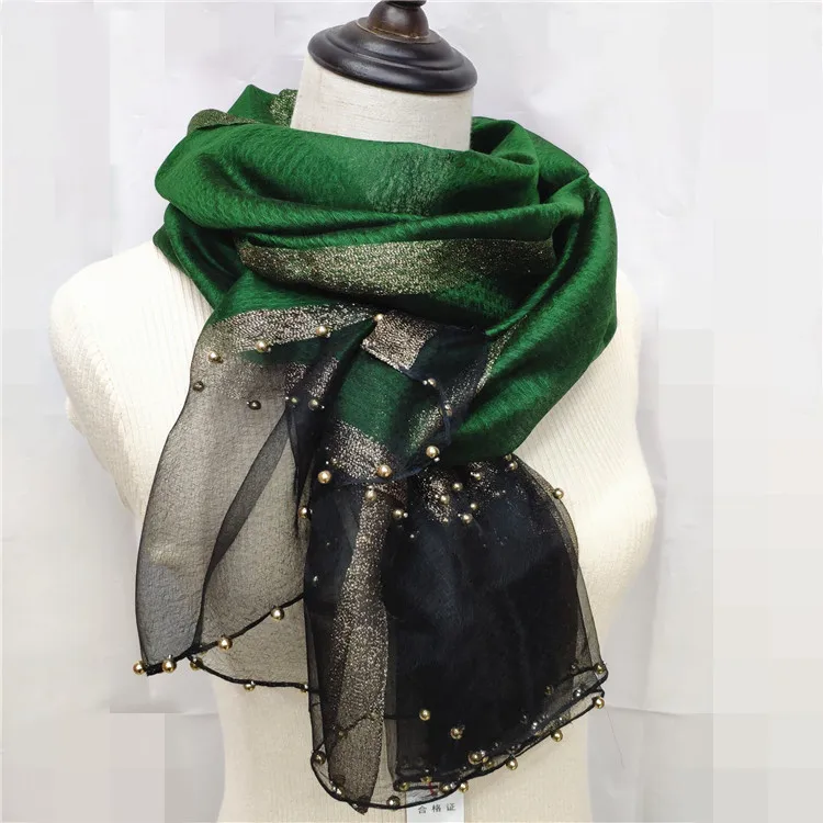 

Ladies Silk Scarf Handmade New Wool Blend 190*70CM Elegant Pearls Inlay All-match Spring High Quality Fashion Temperament Shawls