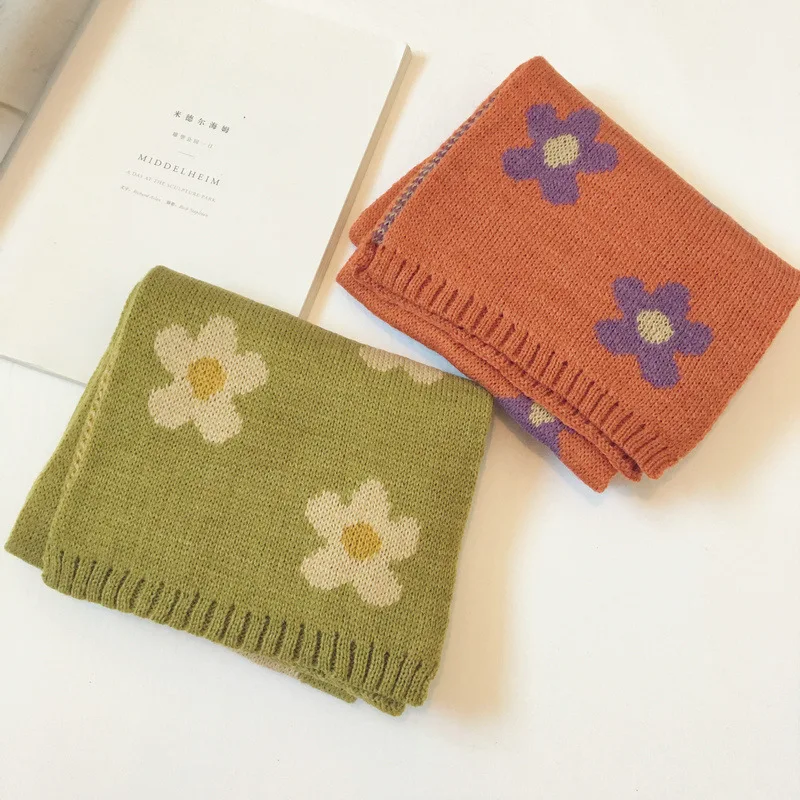 Новинка Осень Зима Детские вязаные шарфы в Корейском стиле с цветочным узором