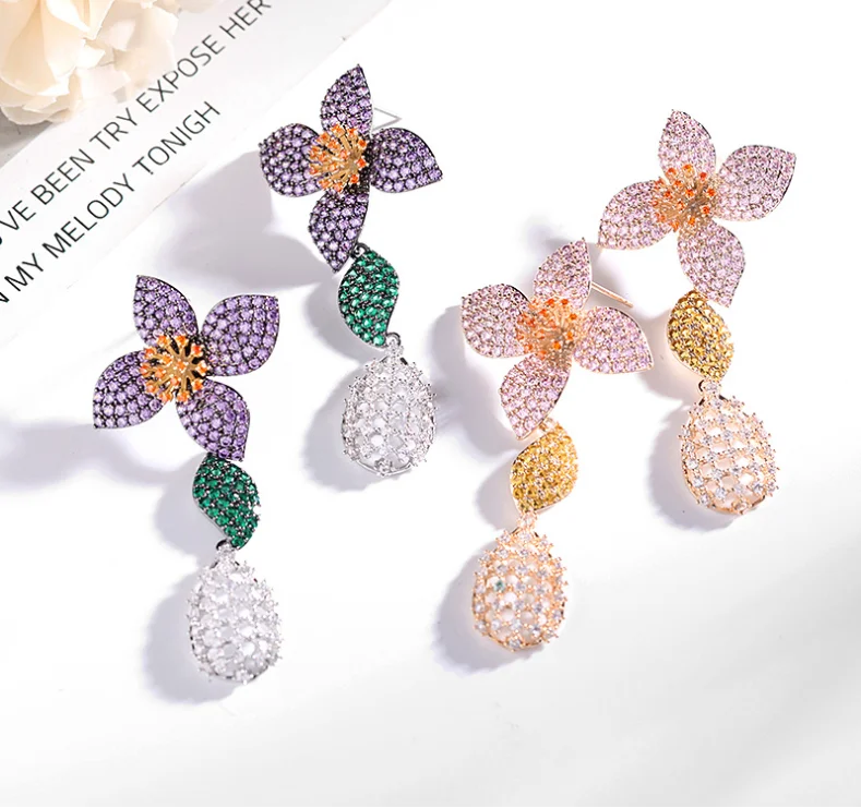 

2021 summer earrings flower zircon long luxury exaggerated atmosphere earrings
