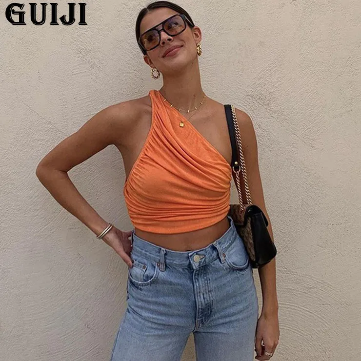 

【GUIJI】Ready Stock 2021 One Shoulder Crop Top Women Sexy Sleeveless Ruched Tank Top Summer Plain Short Tanks Camis