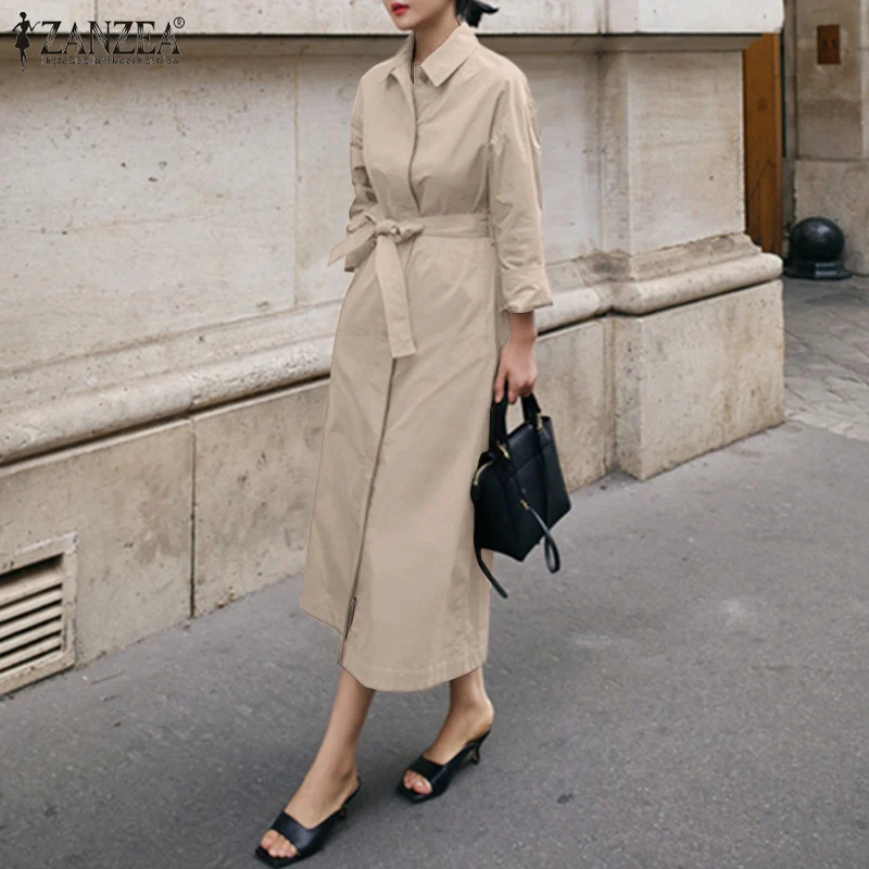 

ZANZEA Female Clothing Lapel Robe Sundress Oversize Women Spring 2021 Elegant Button Shirt Dress Long Sleeve Solid Midi Vestidos