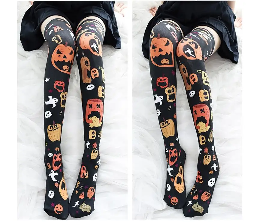 Гетры выше колена в готическом стиле с рисунком призрака тыквы летучей мыши |