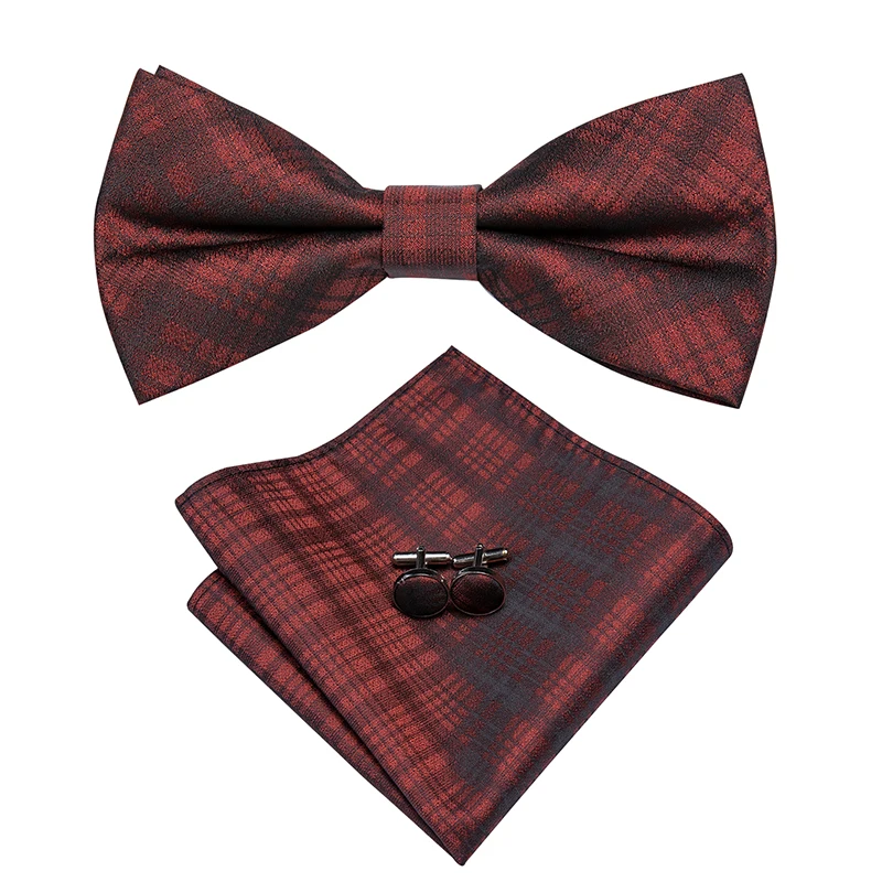 

Hi-Tie 100% Silk Burgundy Bowtie for men Wedding Party Fashion Dark Red Plaid Luxury Butterfly Bow Tie Pocket Square Cufflinks