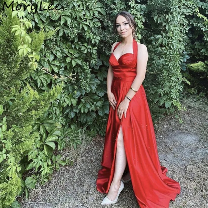 

Платье для выпускного вечера, красное атласное с лямкой на шее, без рукавов, с Боковым Разрезом, из спандекса, со шлейфом, на молнии сзади