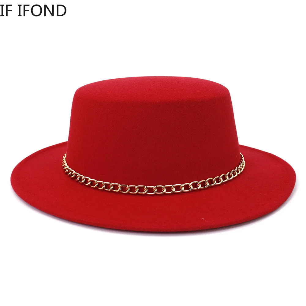 

New Solid Color Winter Autumn Women Men Felt Fedoras Hat Wide Brim Top Jazz Hat Simple Church Flat Round Caps