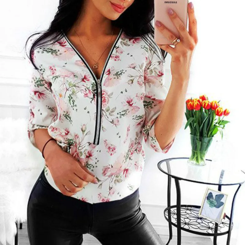 Рубашка женская с цветочным принтом модная блуза из хлопка в горошек V-образным