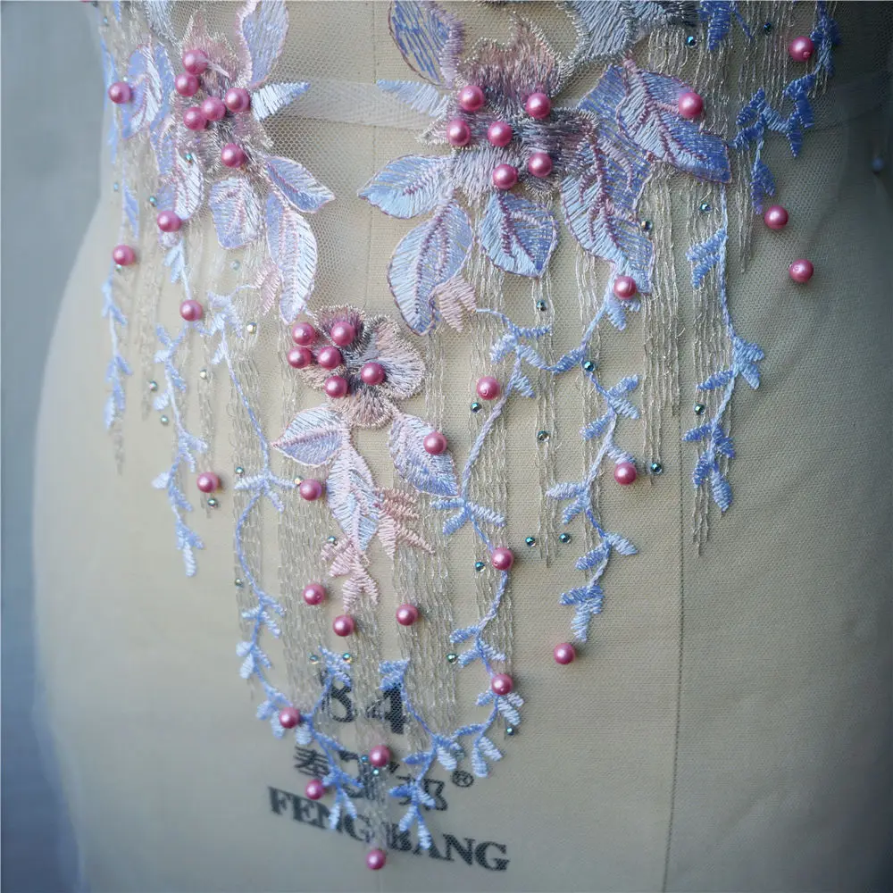 Розовые кружевные ткани цветы кисточки стразы вышивка Аппликации воротник сетка