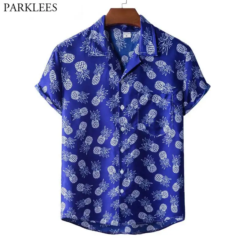 

Мужская Гавайская пляжная синяя рубашка с короткими рукавами и карманом спереди и принтом ананаса, вечерние рубашки с тропическим принтом, ...