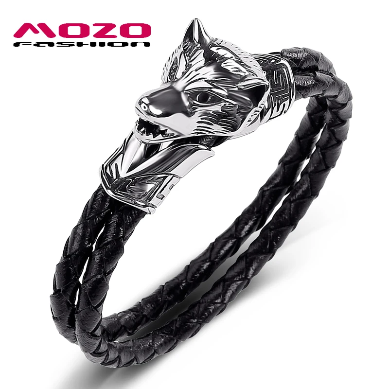 

Fashion Men Jewelry Black Leather Bracelet Stainless Steel Punk Ferocious wolf Charm Exaggeration Bracelets for Gift PS1045