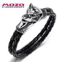 fashion men jewelry black leather bracelet stainless steel punk ferocious wolf charm exaggeration bracelets for gift ps1045