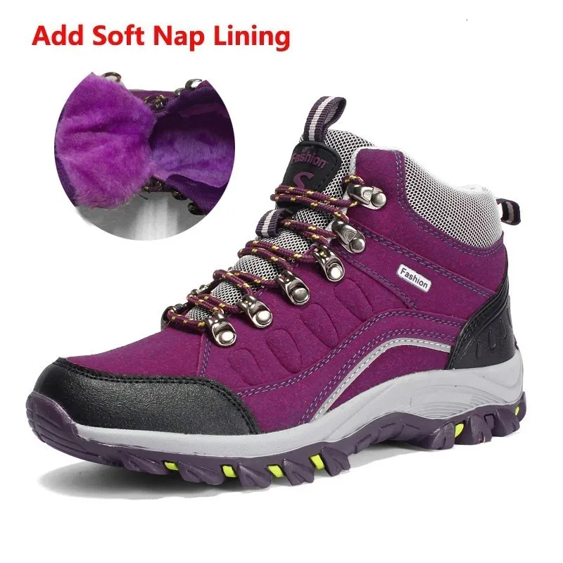 add soft nap Purple Зимняя мужская и женская уличная походная обувь Нескользящая износостойкая походная обувь для альпинизма водонепроницаемые высокие Трекинговые кроссовки - Цвет: add soft nap Purple
