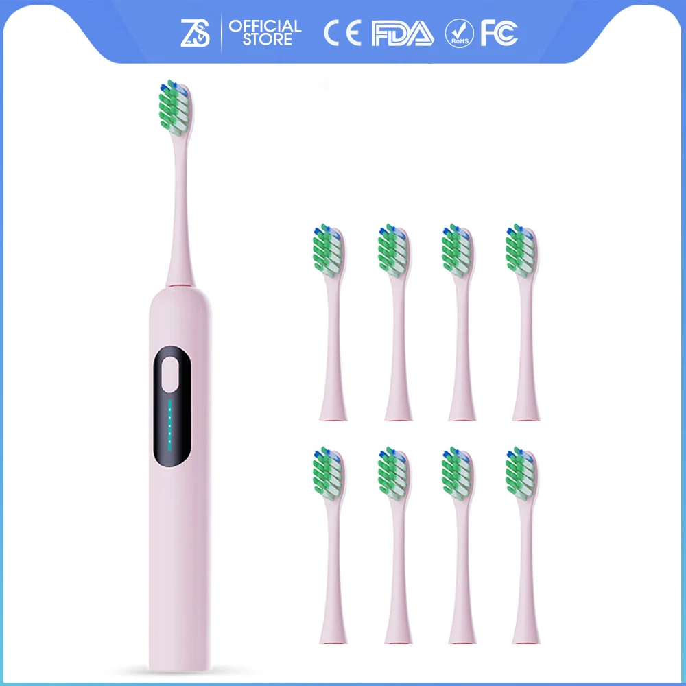 

[ZS] LCD Screen Sonic Electric Toothbrush IPX7 Waterproof Smart 5 Mode for Adult USB Rechargeable with Replacement Teeth Brushes