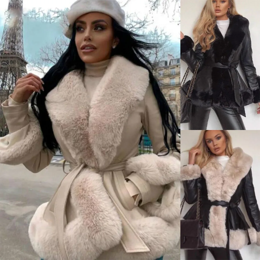 Enlarge Women's Winter New Style Artificial Fur Lapel PU Leather Warm Pure Color Coat Elegant Tight Cardigan Oversized Coat Windbreaker