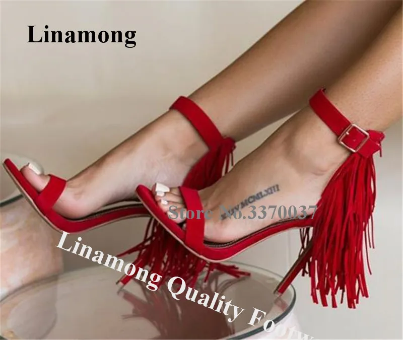 

Linamong Charming Suede Leather Stiletto Heel Tassels Gladiator Sandals One Strap Fringes High Heel Sandals Formal Dress Heels