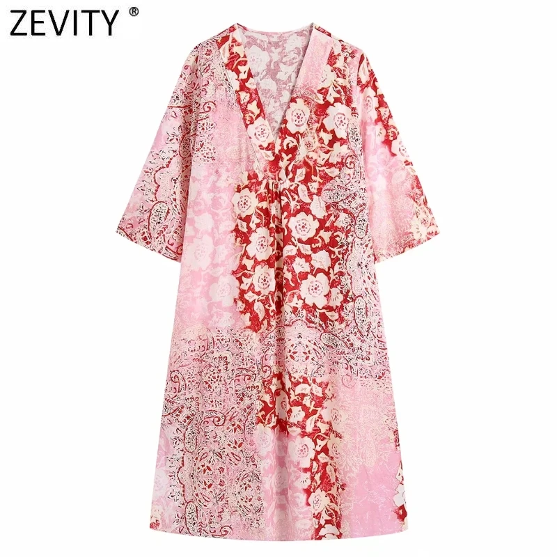 

Женское винтажное платье-рубашка миди Zevity с V-образным вырезом и цветочным принтом, шикарное женское повседневное кимоно в стиле ретро с Бок...