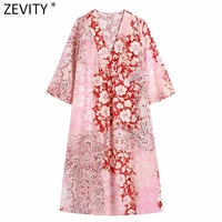 zevity women vintage v neck totem red floral print midi shirt dress chic female retro casual side split kimono vestidos ds8670
