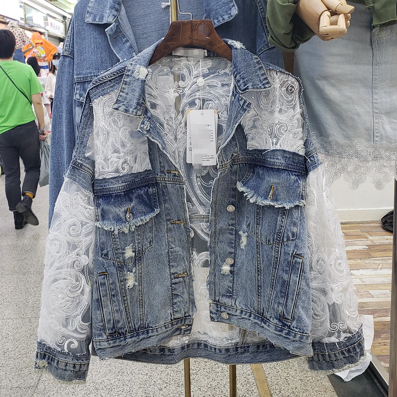 Cakucool Denim jacket Autumn vintage ethnic mesh embroidery holes loose coat fairy chic Outerwear jaqueta fashion women 2020 | Женская