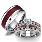 Модные парные кольца, женские кольца в форме сердца с белым кристаллом CZ, мужские кольца из нержавеющей стали с инкрустацией красным деревом, обручальные кольца, ювелирные изделия