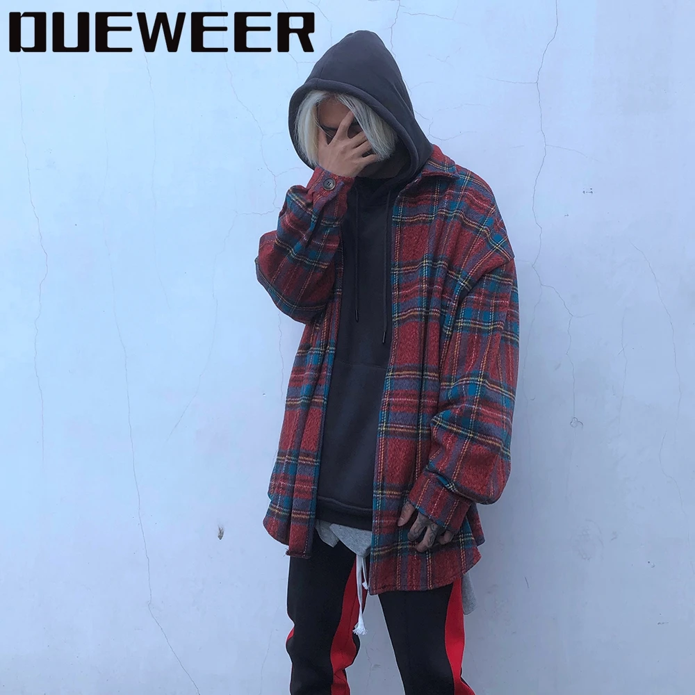 

Dueweer Mens Plaid Shirts Jackets Justin Bieber Retro Tartan Woolen Men Autumn Winter Oversized Jacket Shirt Outwear Streetwear