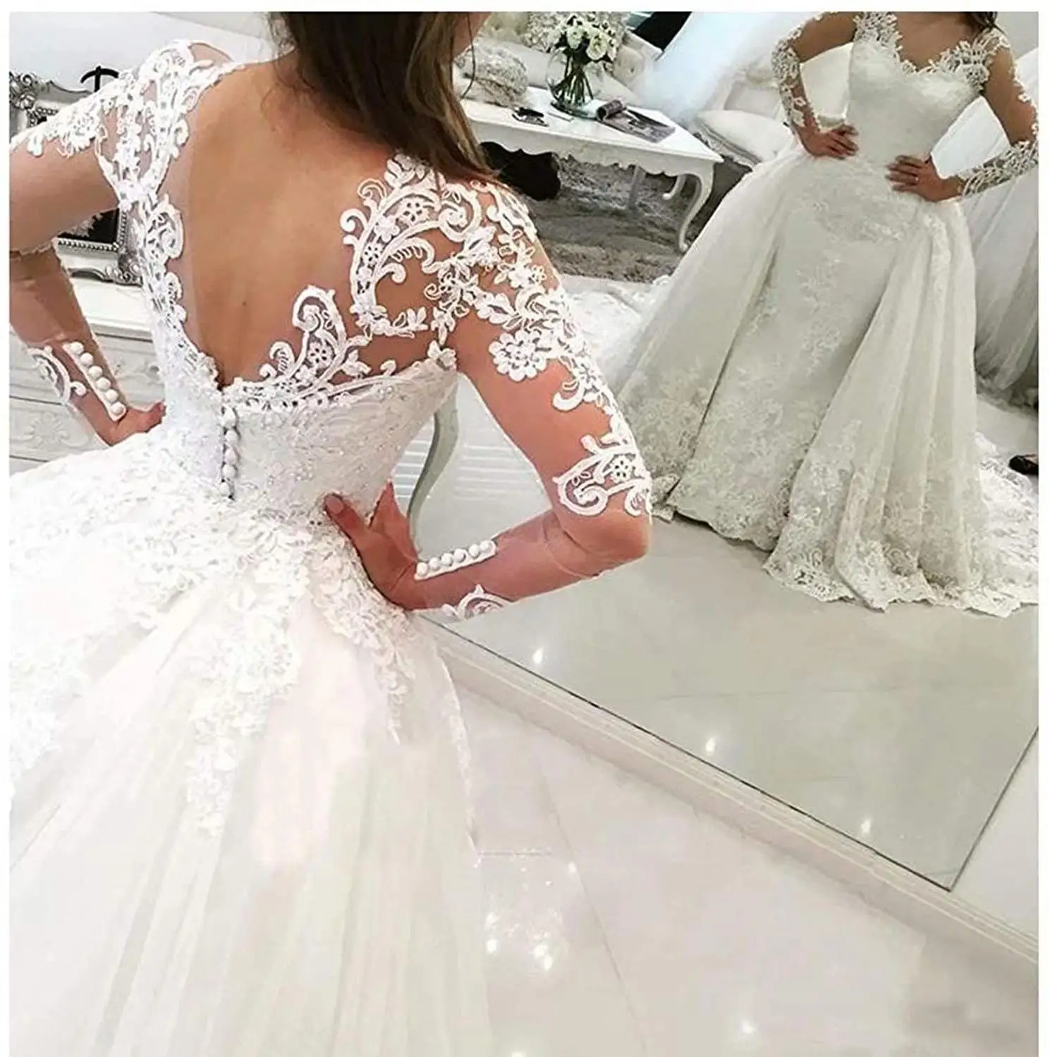 

Vintage Lace Long Sleeve Wedding Dress For Bride 2021 Beads Mermaid Bridal Dresses Detachable Train Vestido De Noiva