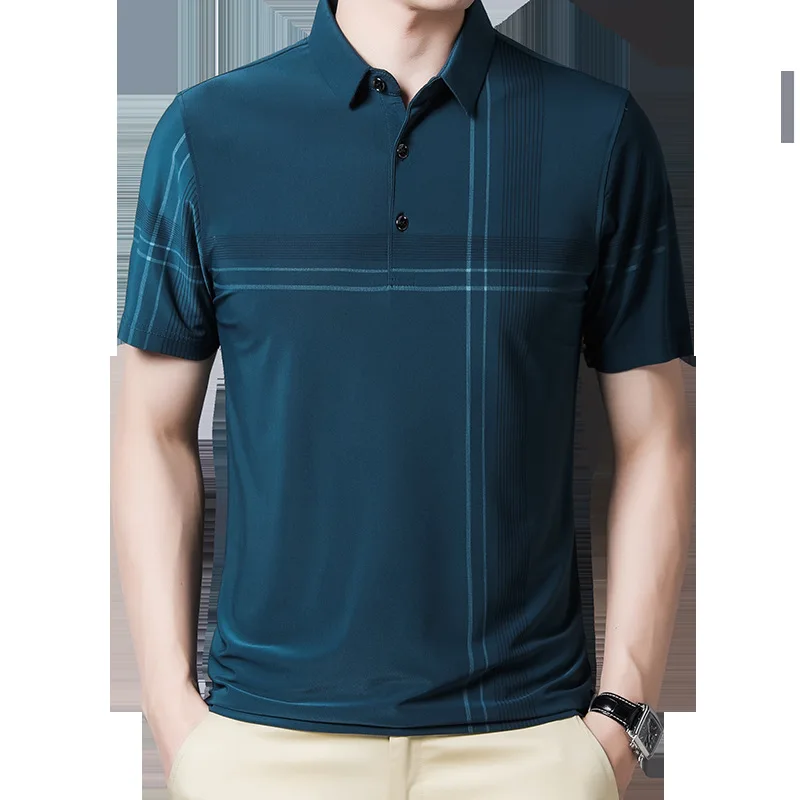 

Dad's short sleeve POLO shirt men's summer mercerized loose POLO shirt men's ice Stripe Polo Shirt
