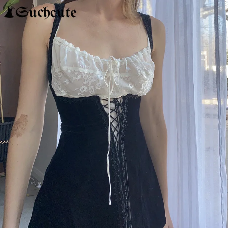 

SUCHCUTE Vintage Lace Patchwork MIni Dress Women Cross Bandage Dark Academic Velvet Casual Party Dresses Gothic Slim Outfits