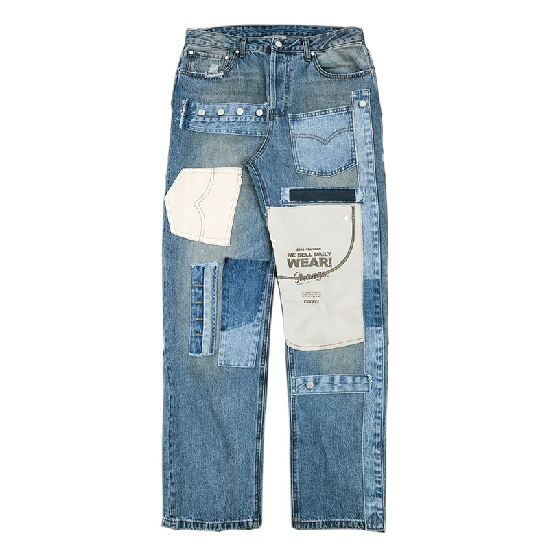 

2021 Spring and Autumn New Stitching Patch Straight Loose Men's Jeans Hole Do old Pockets Men's Pants