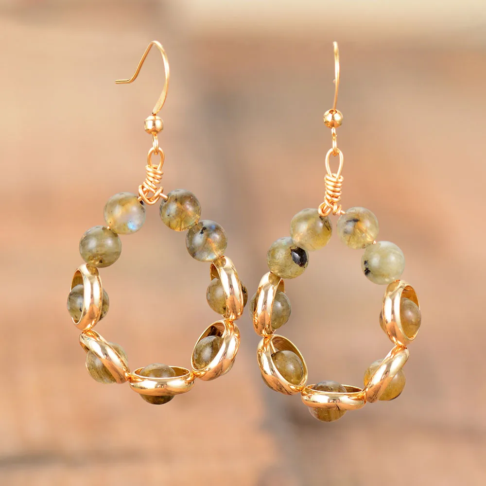 Женские серьги кольца из Лабрадорита золотистого цвета|Серьги-подвески| |