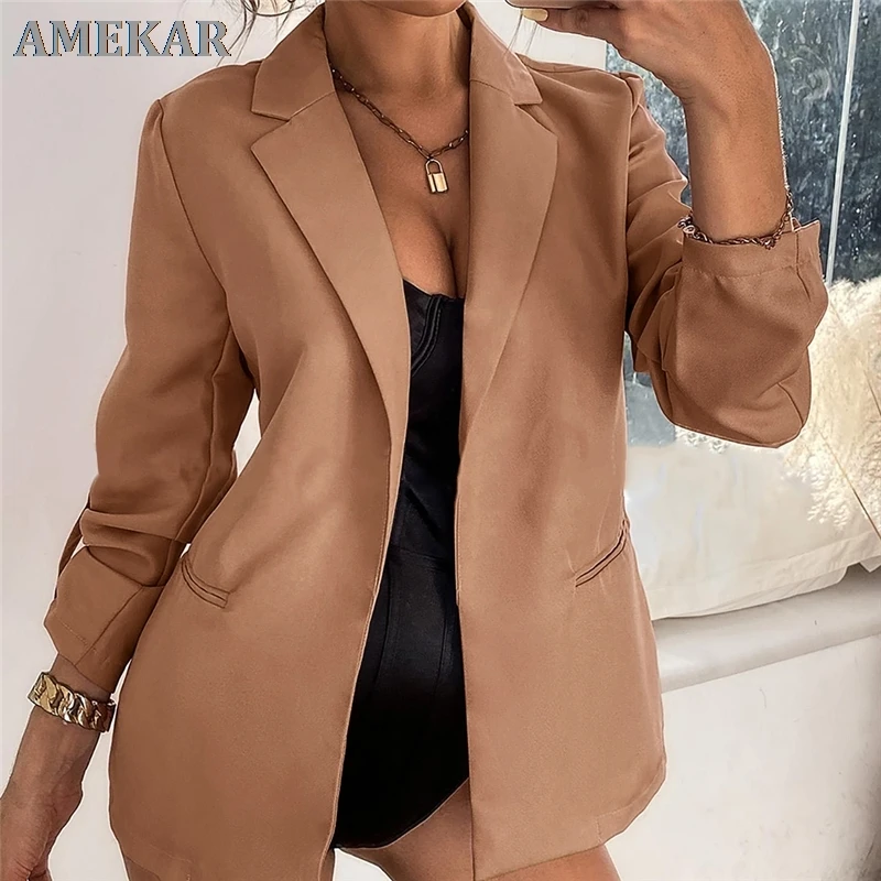 

New Women Autumn Blazer Jacket Fashion Basic Blazer Casual Solid Button Long Sleeve Work Suit Coat Office Lady Elegant Blazers