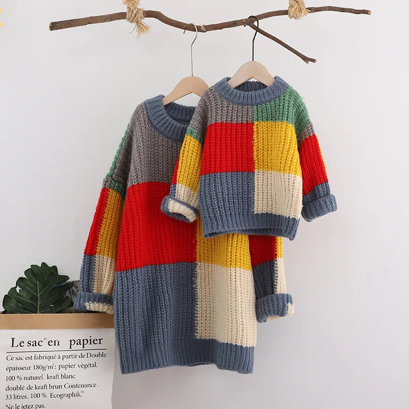 

2021 Spring Autumn Children's clothing parent-child clothes children's round neck mid-length mother and daughter sweater