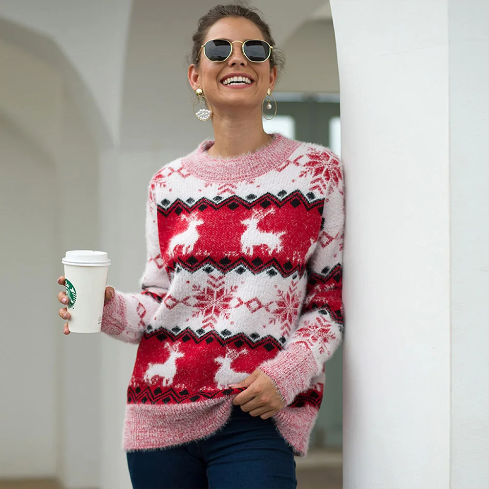 Новинка 2019 свитер с рождественским принтом женский зимний теплый вязаный