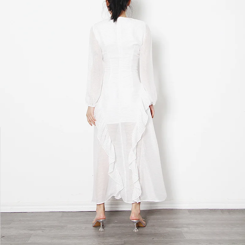 

Summer new solid color sexy deep v-neck temperament bubble sleeve perspective flounces long dress women