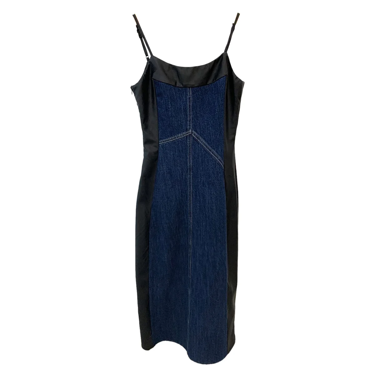 Женское платье 2022 осень шикарные Спагетти ремень Сплит Джинсы Сращивание ПУ кожа